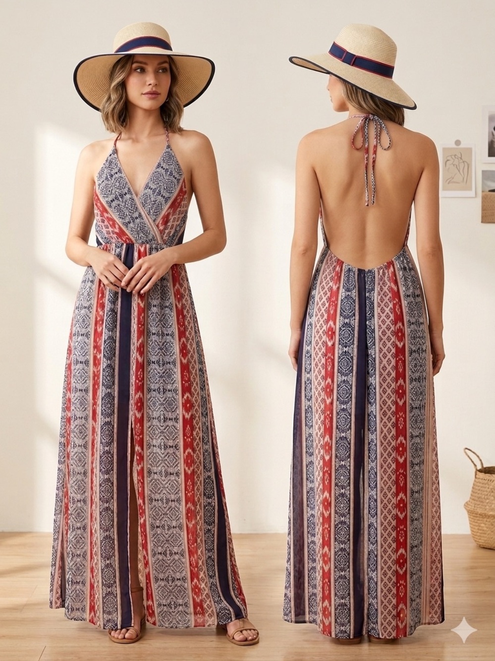 LOVE FIRE Striped Boho Halter Maxi Dress in Red, Navy & Cream. Size M